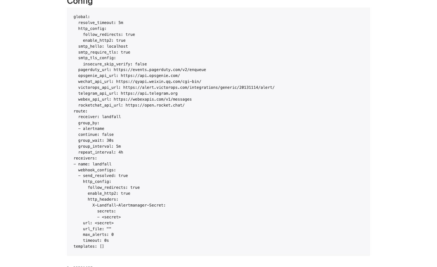 Alertmanager's Status page Config block, with a route to the landfall receiver and its webhook_configs entry, where the X-Landfall-Alertmanager-Secret header value and the url both read <secret>.