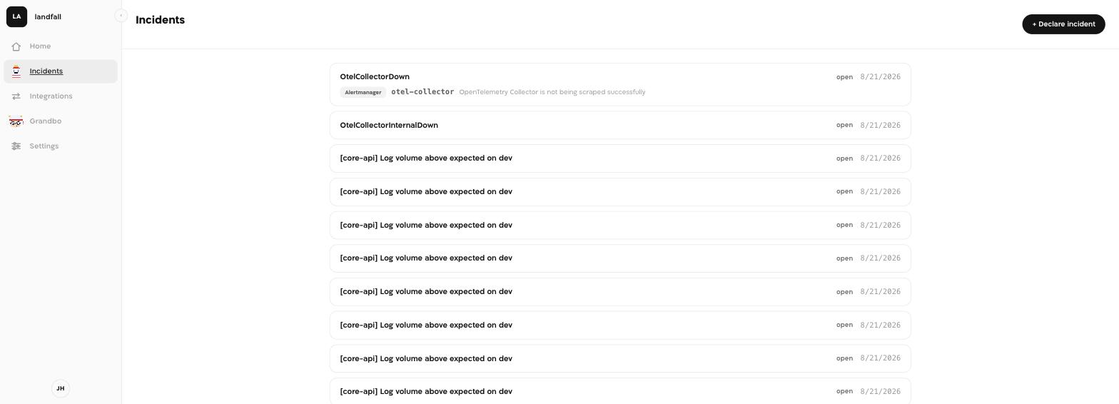 Landfall's Incidents list showing an OtelCollectorDown incident with an Alertmanager provenance badge, the otel-collector entity tag, and the summary 'OpenTelemetry Collector is not being scraped successfully' — opened automatically from the real Alertmanager webhook.