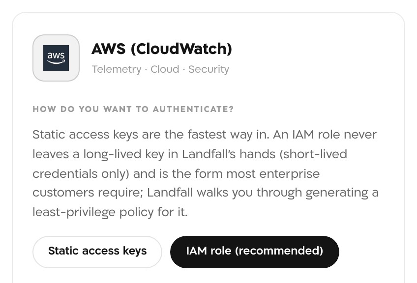 The AWS (CloudWatch) panel asking How do you want to authenticate, with the buttons Static access keys and IAM role (recommended).