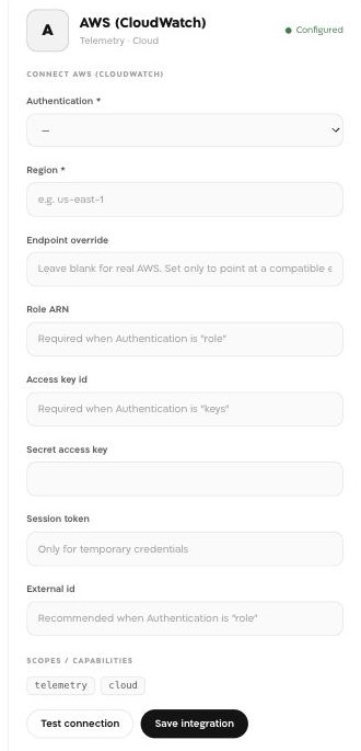 Landfall's AWS (CloudWatch) integration panel with empty fields for Authentication, Region, Role ARN, Access key id, Secret access key, Session token, and External id.