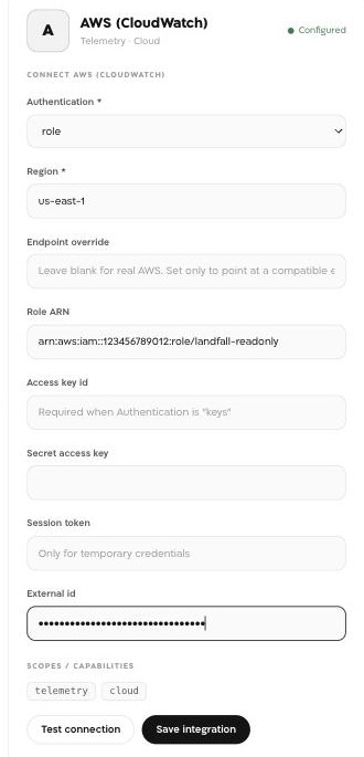 The same panel filled in: Authentication set to role, an example Role ARN (arn:aws:iam::123456789012:role/landfall-readonly), a region, and a masked External id value.