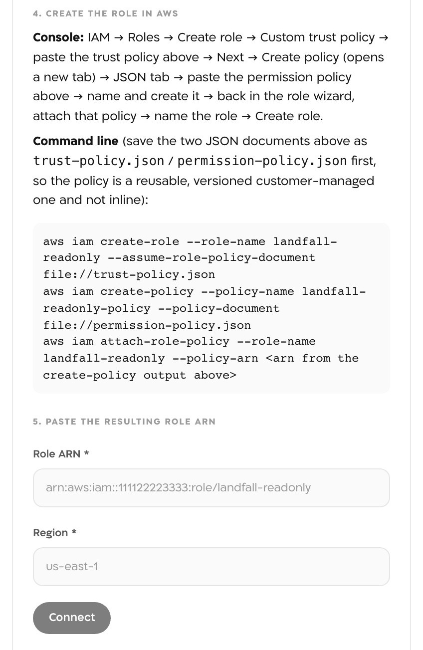 The wizard's last two sections: the console click path and the three aws iam commands, then the Role ARN and Region fields and the Connect button.