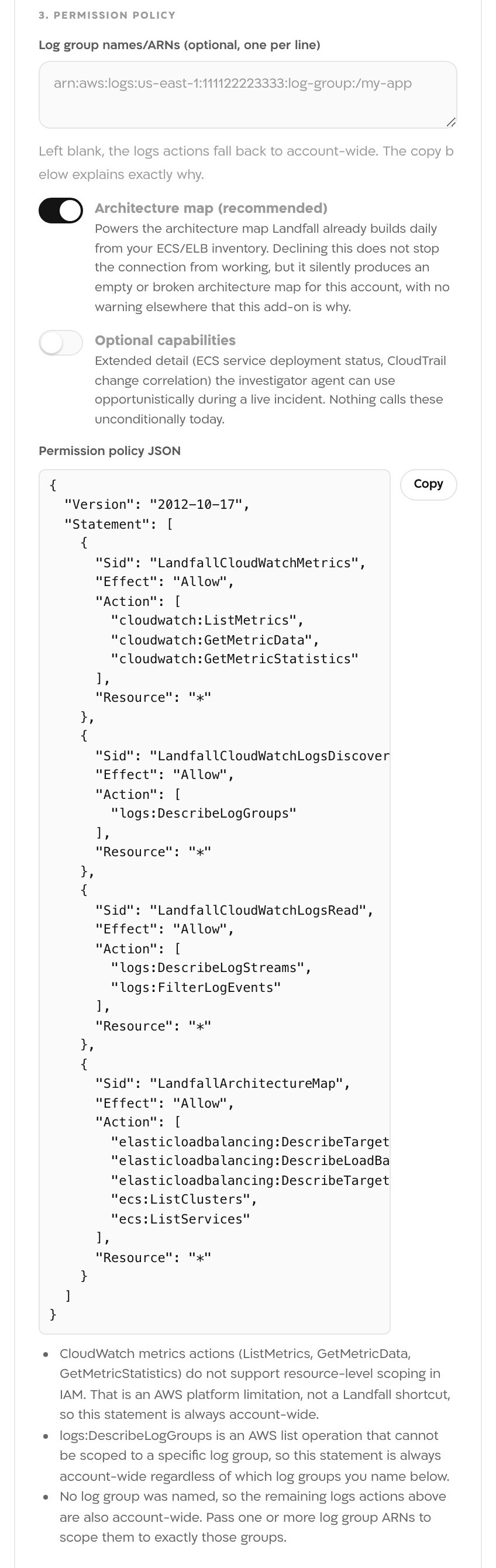 The permission policy section: the optional log group field, Architecture map switched on, Optional capabilities switched off, the generated permission policy JSON, and notes on which statements are always account-wide.