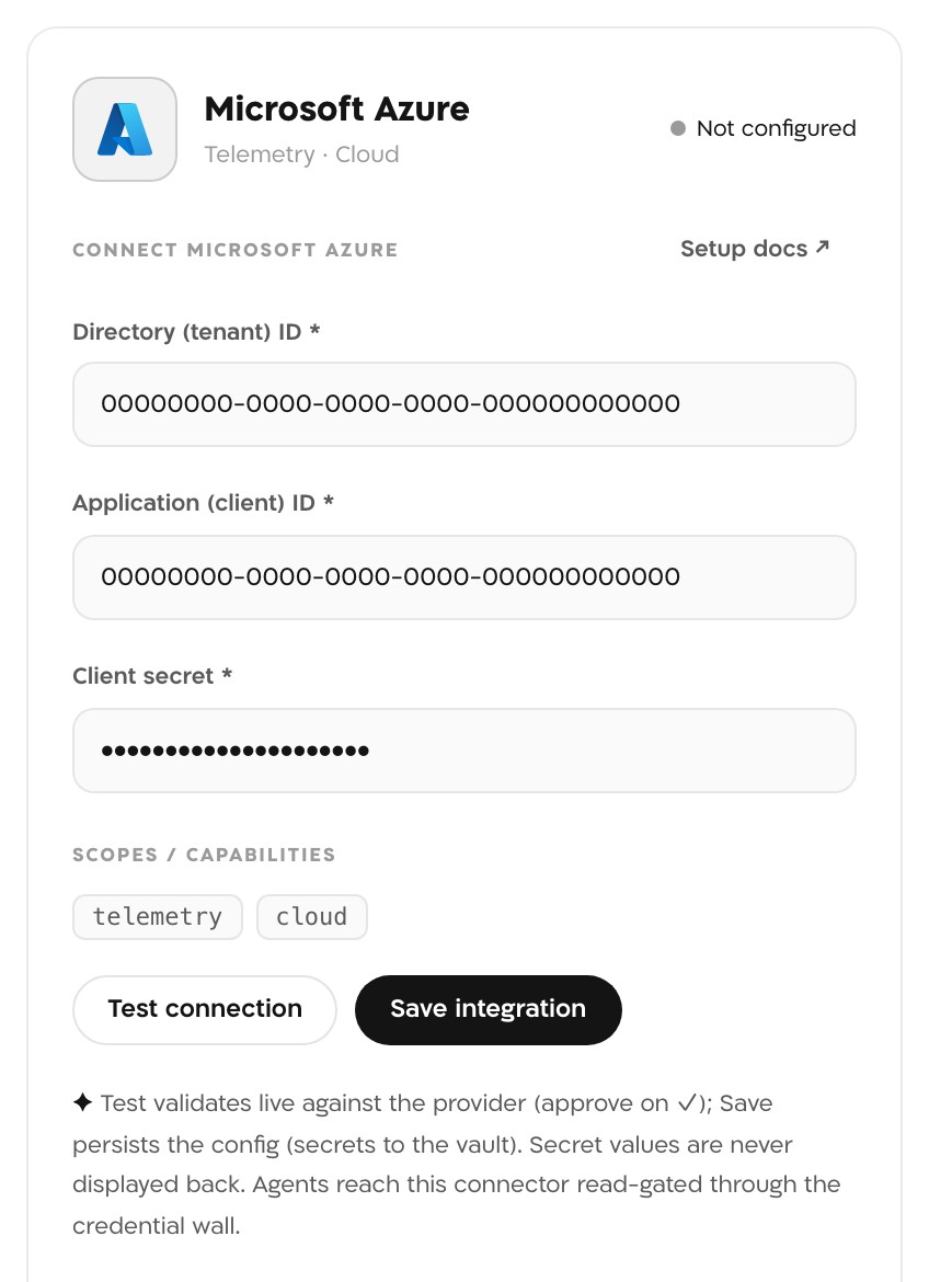 The Microsoft Azure panel, still Not configured, with Directory (tenant) ID and Application (client) ID filled with all-zero example GUIDs, the Client secret masked, scope chips telemetry and cloud, and the Test connection and Save integration buttons.