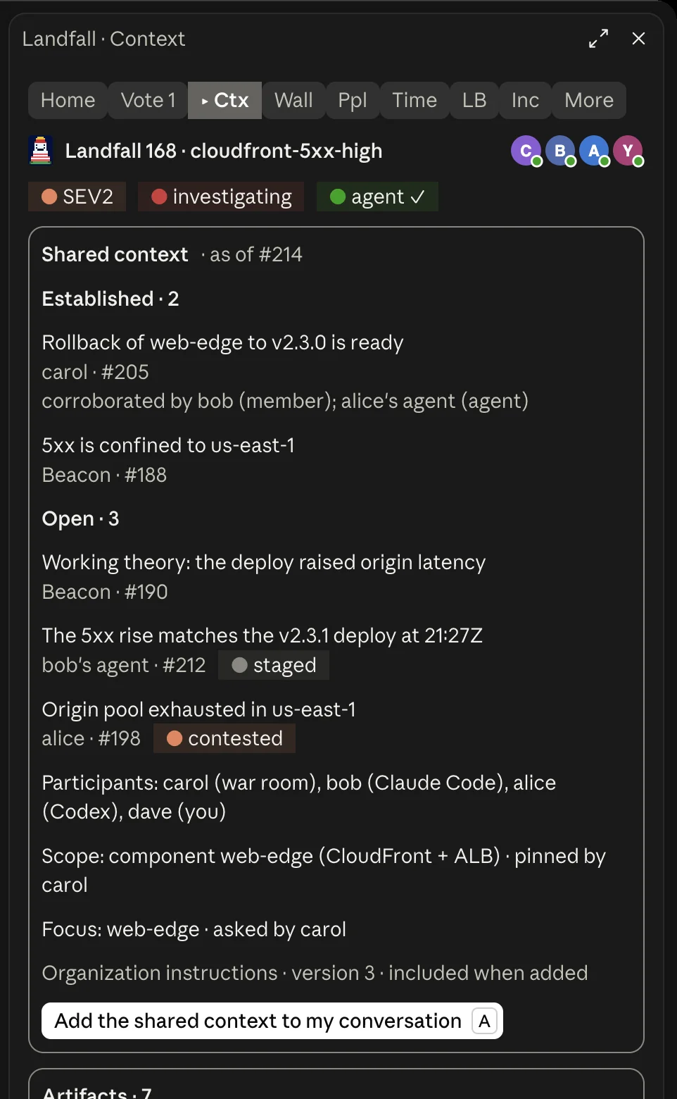 The Context tab in the Claude desktop app: the shared context with its Add the shared context to my conversation button, and the top of the artifact list below it
