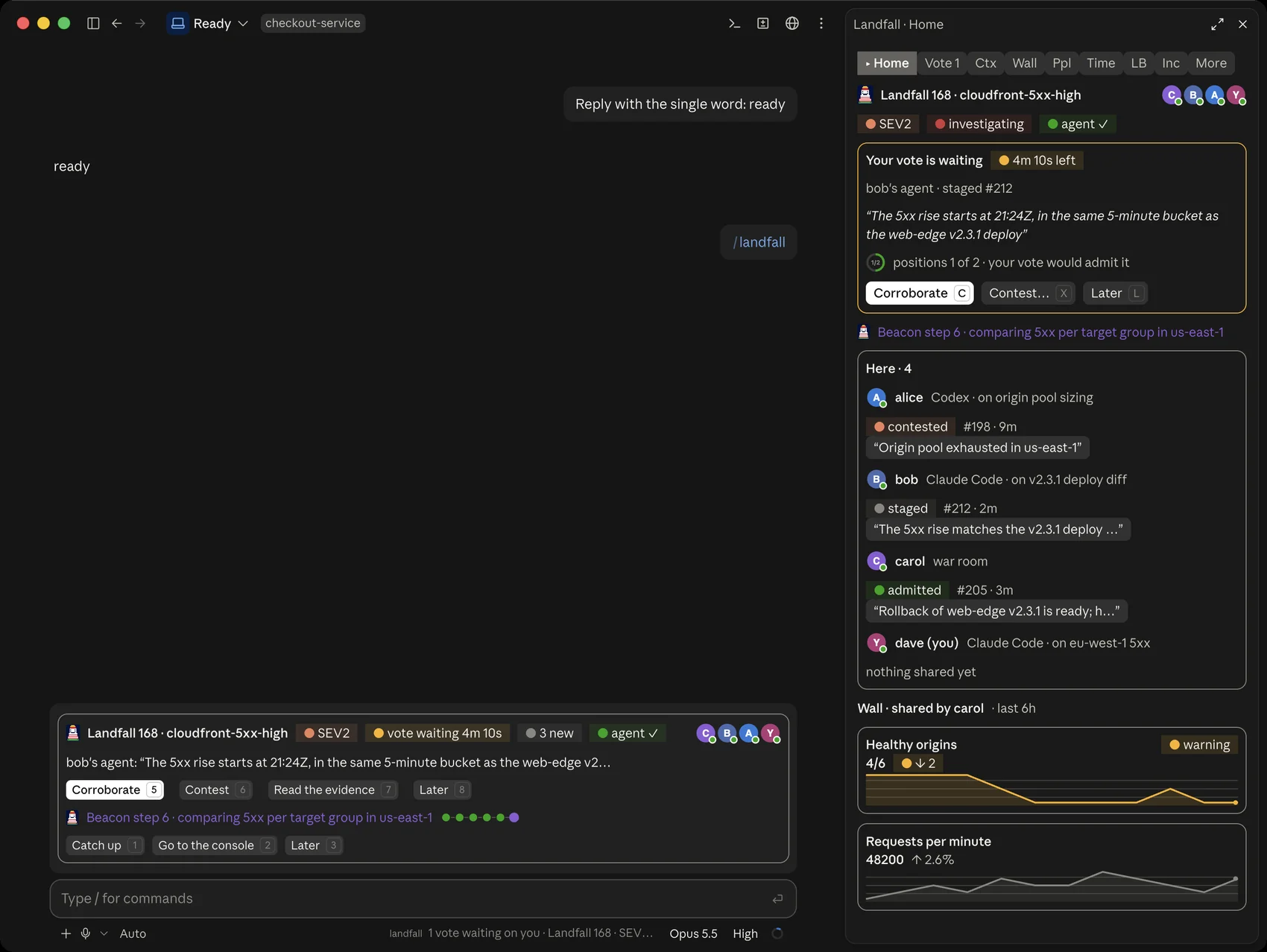The Code tab of the Claude desktop app with the Landfall console docked on the right, on Home: the incident, a vote waiting with Corroborate, Contest and Later buttons, Beacon's step, the people in the room with their latest contributions, and the first wall tiles