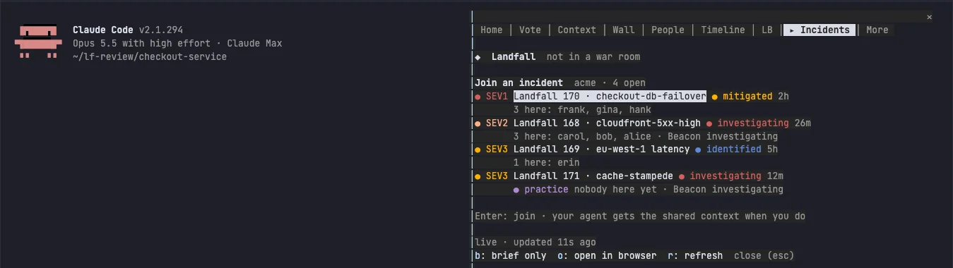 The incident picker in a terminal: Join an incident, four open incidents with severity, status, age and who is here, and the hint Enter: join, your agent gets the shared context when you do