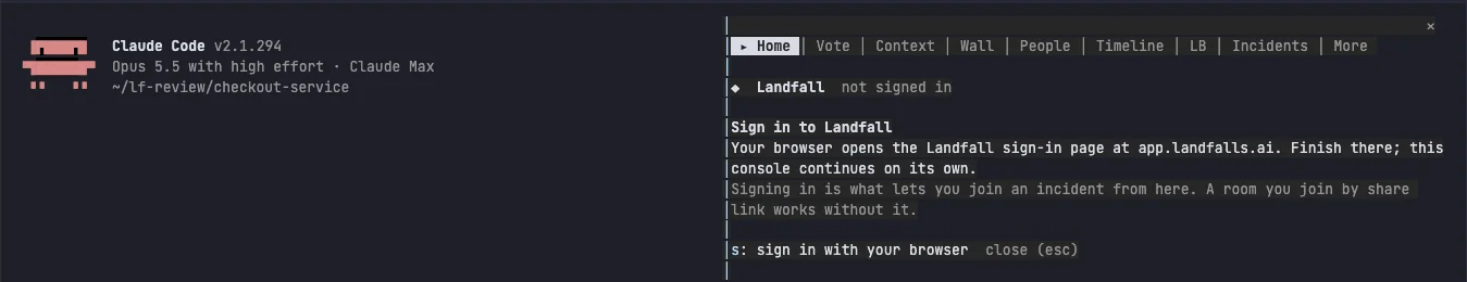 The Landfall console in a terminal, signed out: Home is active, the header says Landfall not signed in, and the page says Sign in to Landfall, with the key s: sign in with your browser