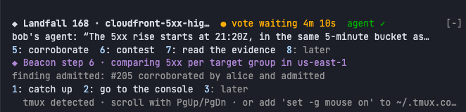 The Landfall band above the prompt in a terminal: Landfall 168 with a vote waiting 4m 10s and bob's agent's finding, the keys 5 corroborate, 6 contest, 7 read the evidence and 8 later, the latest result, finding admitted, and the keys 1 catch up, 2 go to the console and 3 later