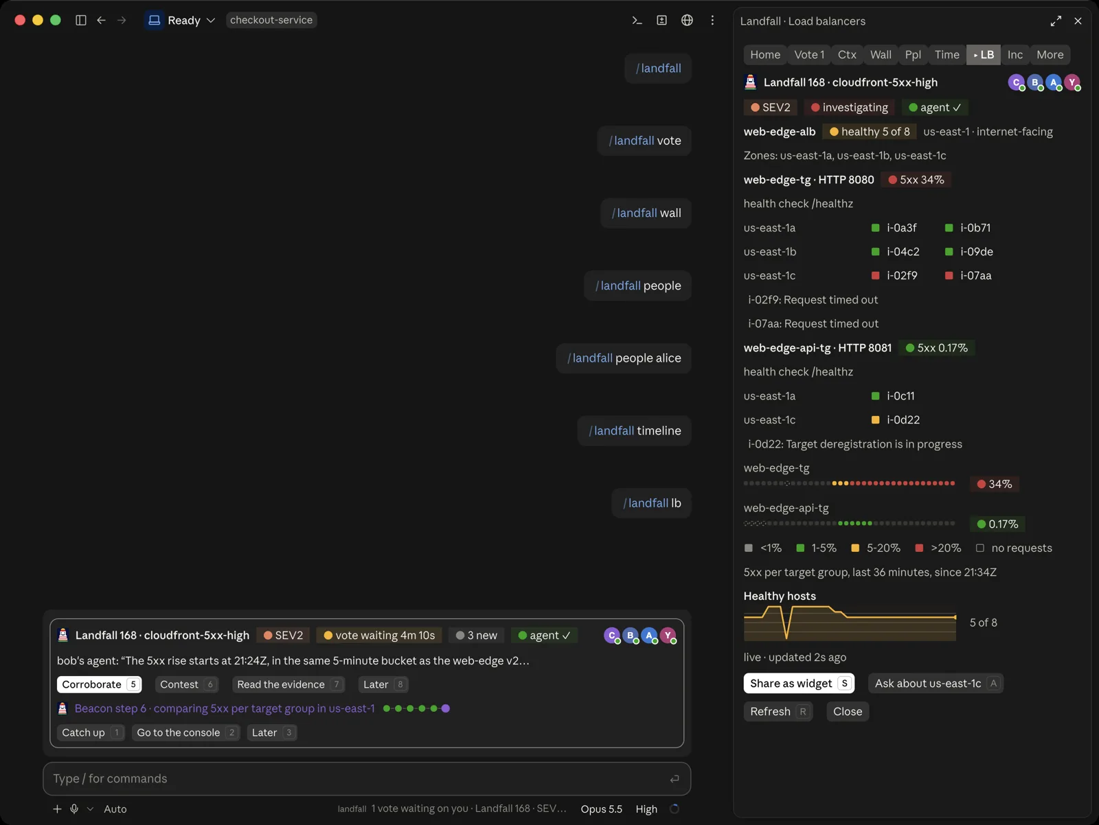 The Load balancers tab. It shows web-edge-alb, healthy 5 of 8, in us-east-1, then the target group web-edge-tg on port 8080 with 5xx at 34 percent and its targets by zone, two of them red with Request timed out, then web-edge-api-tg with 5xx at 0.17 percent. Two heat strips show 5xx per target group over the last 36 minutes, a legend, and a Healthy hosts chart reading 5 of 8. The buttons are Share as widget S, Ask about us-east-1c A, Refresh R and Close.