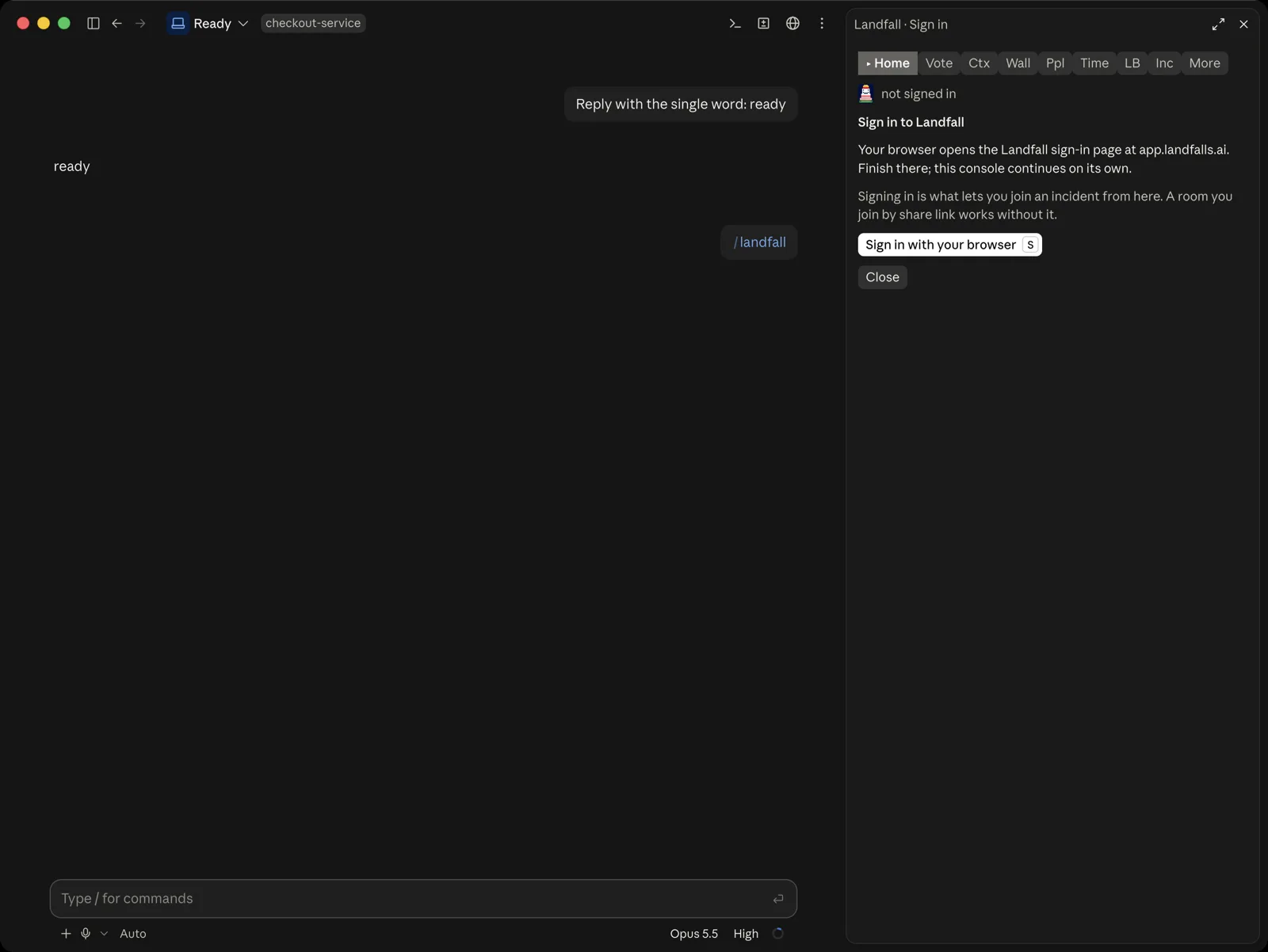The Code tab with the Landfall console docked on the right, titled Landfall, Sign in. The tab bar reads Home, Vote, Ctx, Wall, Ppl, Time, LB, Inc and More, with Home active. The pane says not signed in, then Sign in to Landfall, explains that the browser opens the sign-in page at app.landfalls.ai, and offers the buttons Sign in with your browser, key S, and Close. The conversation shows the typed command /landfall.