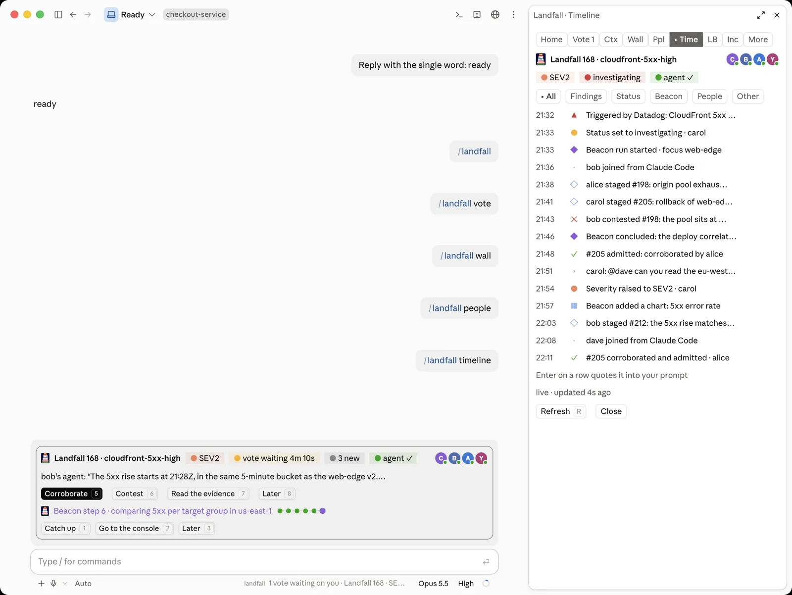 The Code tab in light mode with the Timeline tab open. Filter chips read All, Findings, Status, Beacon, People and Other. Rows run from 21:32, Triggered by Datadog, through status changes, Beacon's run and conclusion, staged and contested findings and joins, to 22:11, number 205 corroborated and admitted by alice. A line reads Enter on a row quotes it into your prompt.