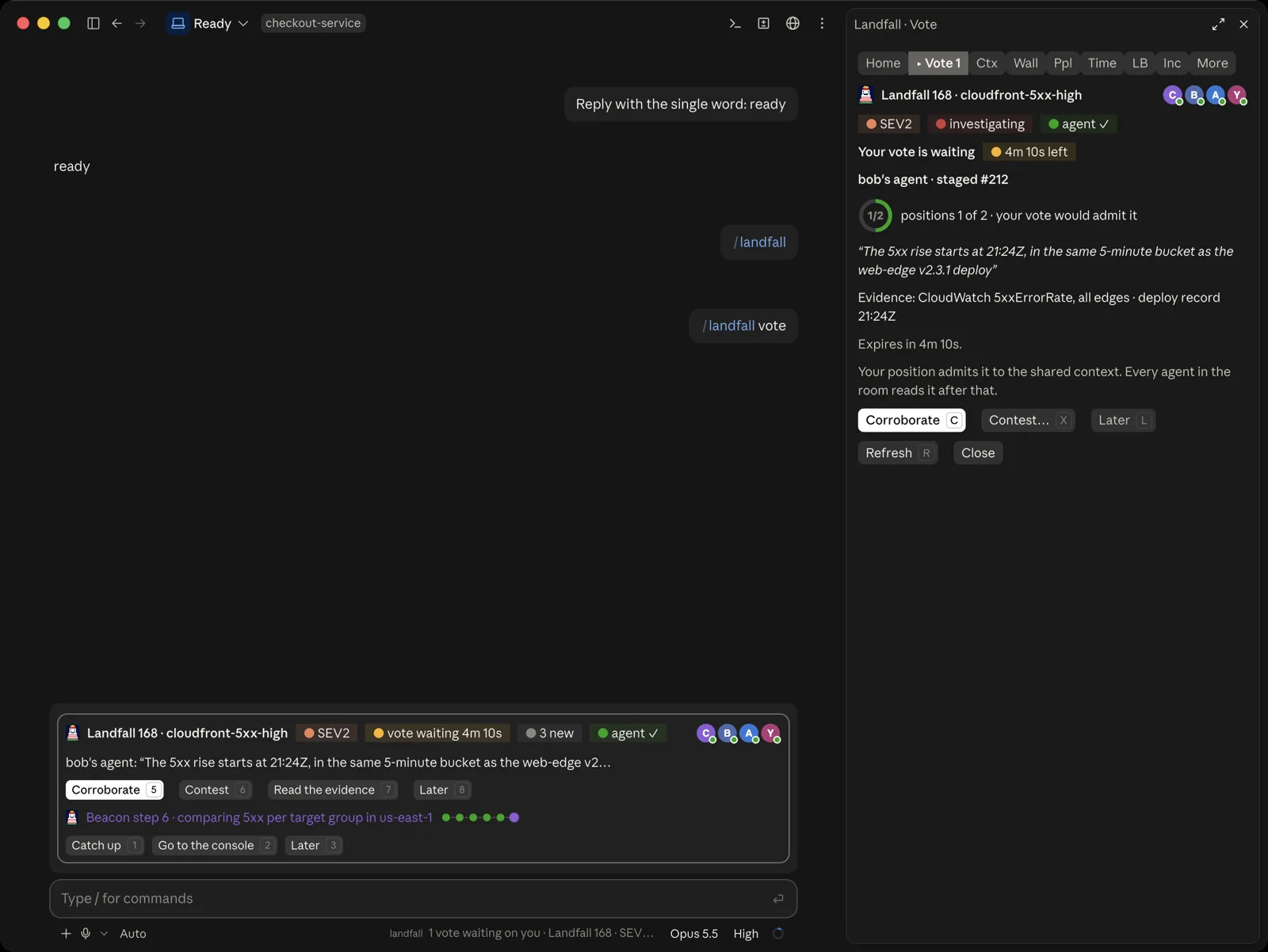 The Vote tab. It reads Your vote is waiting, 4m 10s left, bob's agent staged number 212, positions 1 of 2, your vote would admit it. Under it are the finding, that the 5xx rise starts at 21:24Z in the same 5-minute bucket as the web-edge v2.3.1 deploy, its evidence, CloudWatch 5xxErrorRate and a deploy record, the time it expires, and the sentence that your position admits it to the shared context. The buttons are Corroborate C, Contest X, Later L, Refresh R and Close.