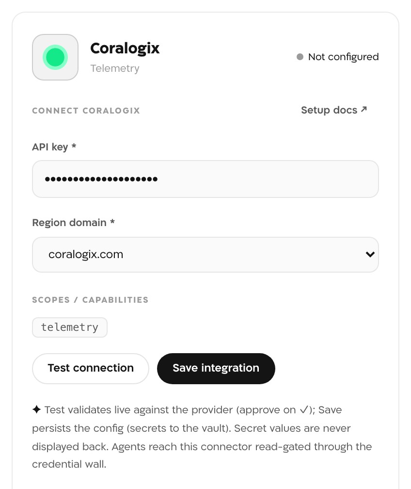 Landfall Coralogix panel reading Not configured, with the API key masked, Region domain set to coralogix.com, the telemetry scope, and the Test connection and Save integration buttons.