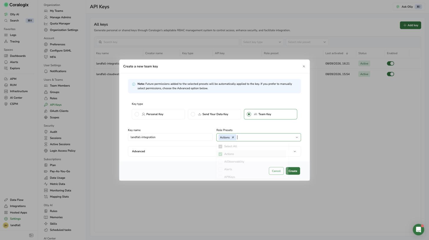 Coralogix's Add key dialog with Team Key selected and a key name entered. Role Presets is a multi-select: pick Actions and DataQuerying here, not just one.