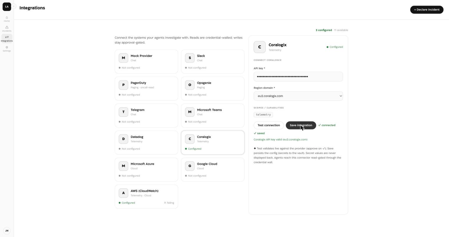 Landfall's Integrations list showing the Coralogix tile with a green Configured status.