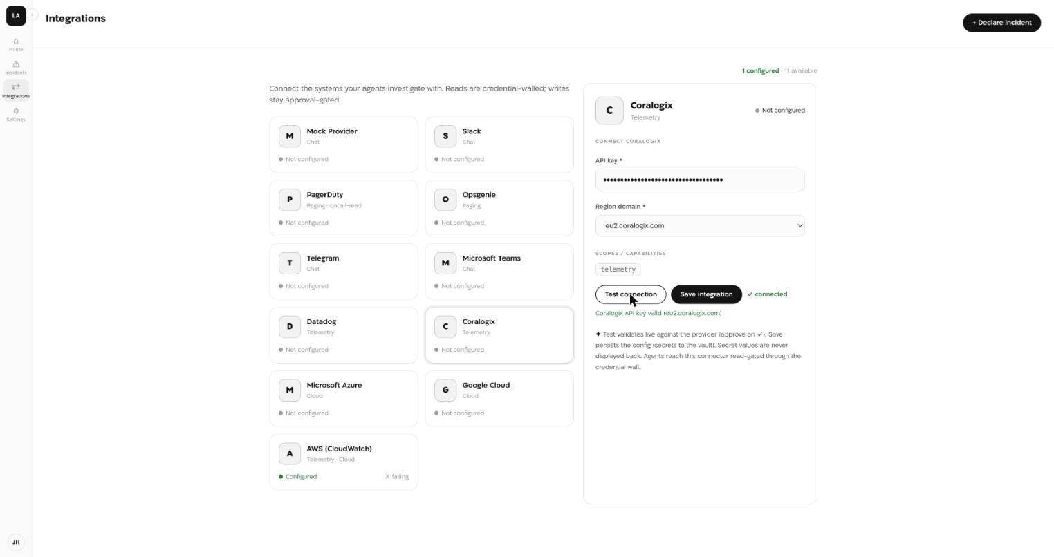 Landfall's Coralogix integration panel showing a green connected status and the message Coralogix API key valid.