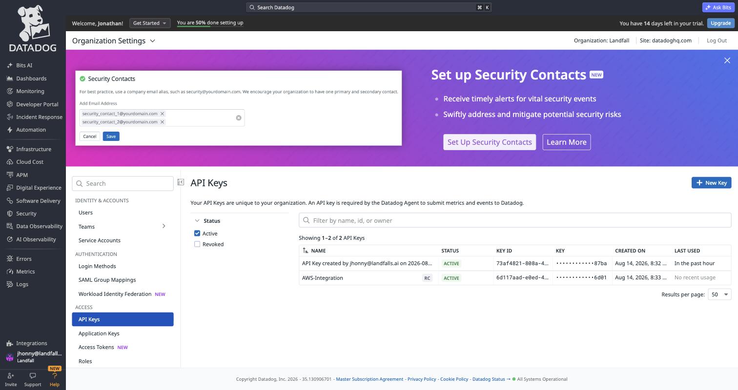 Datadog's API Keys page listing existing keys with their key id, masked value, creation date and last-used time.