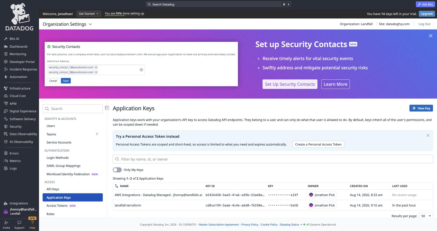 Datadog's Application Keys page. Each key lists its name, key id, masked value and owning user — the owner is what makes a personal key fragile.