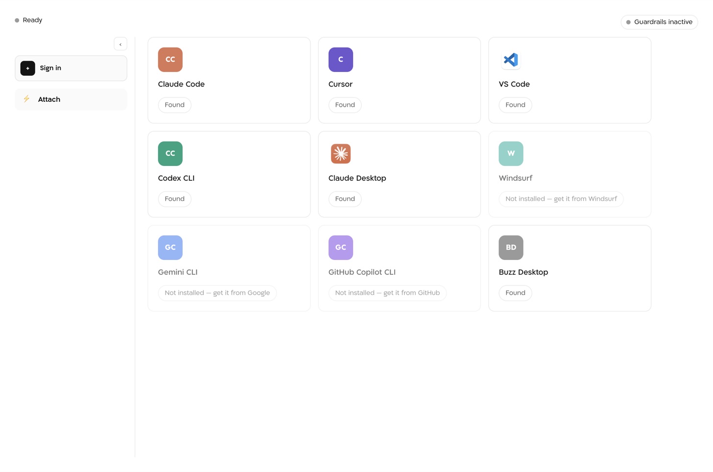 The Attach page: a grid of tiles, one per coding harness, each with a Found or Not installed chip.