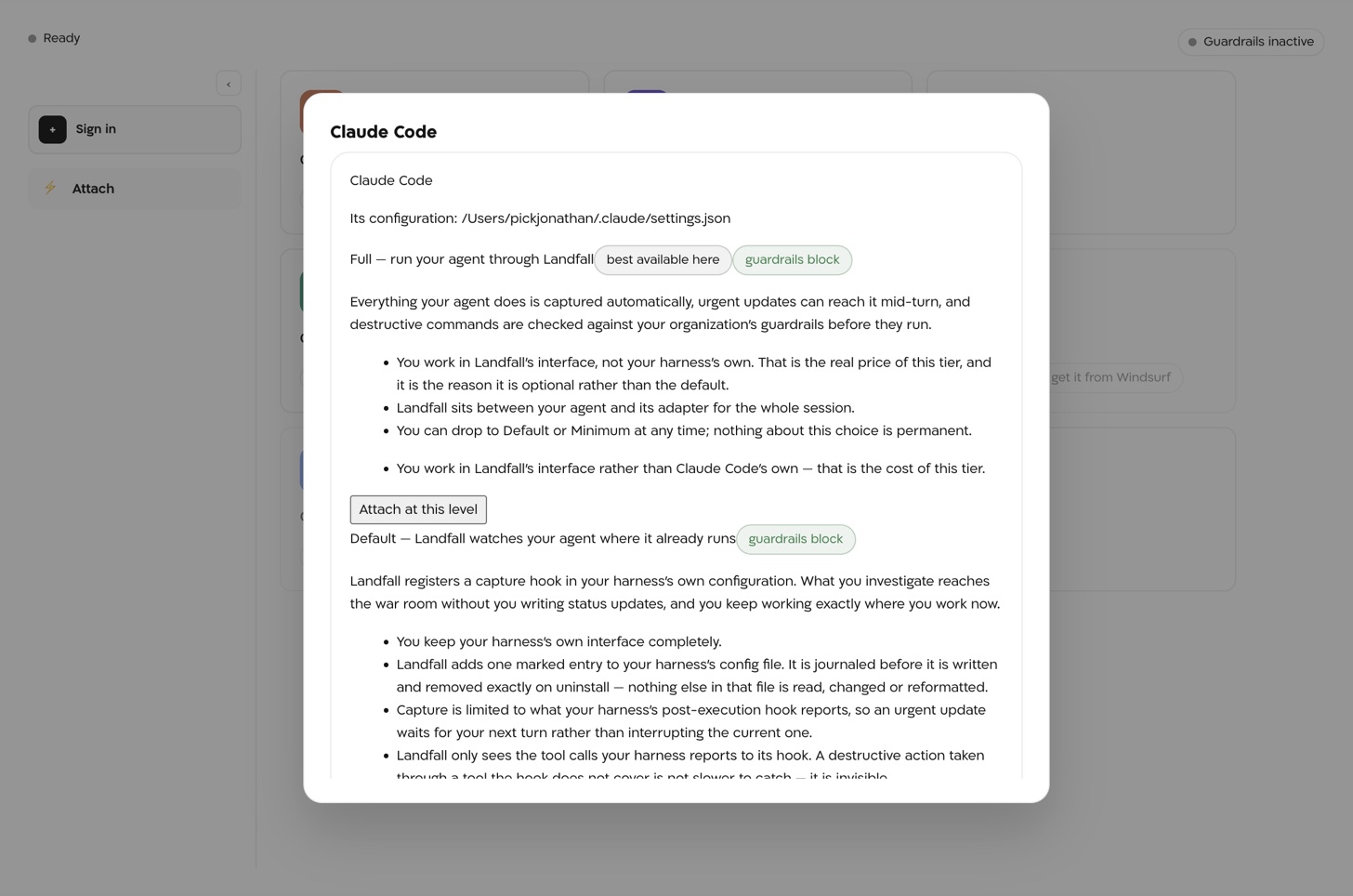 The Claude Code sheet: Full, Default and Minimum with their tradeoffs listed inline and an Attach at this level button on each.