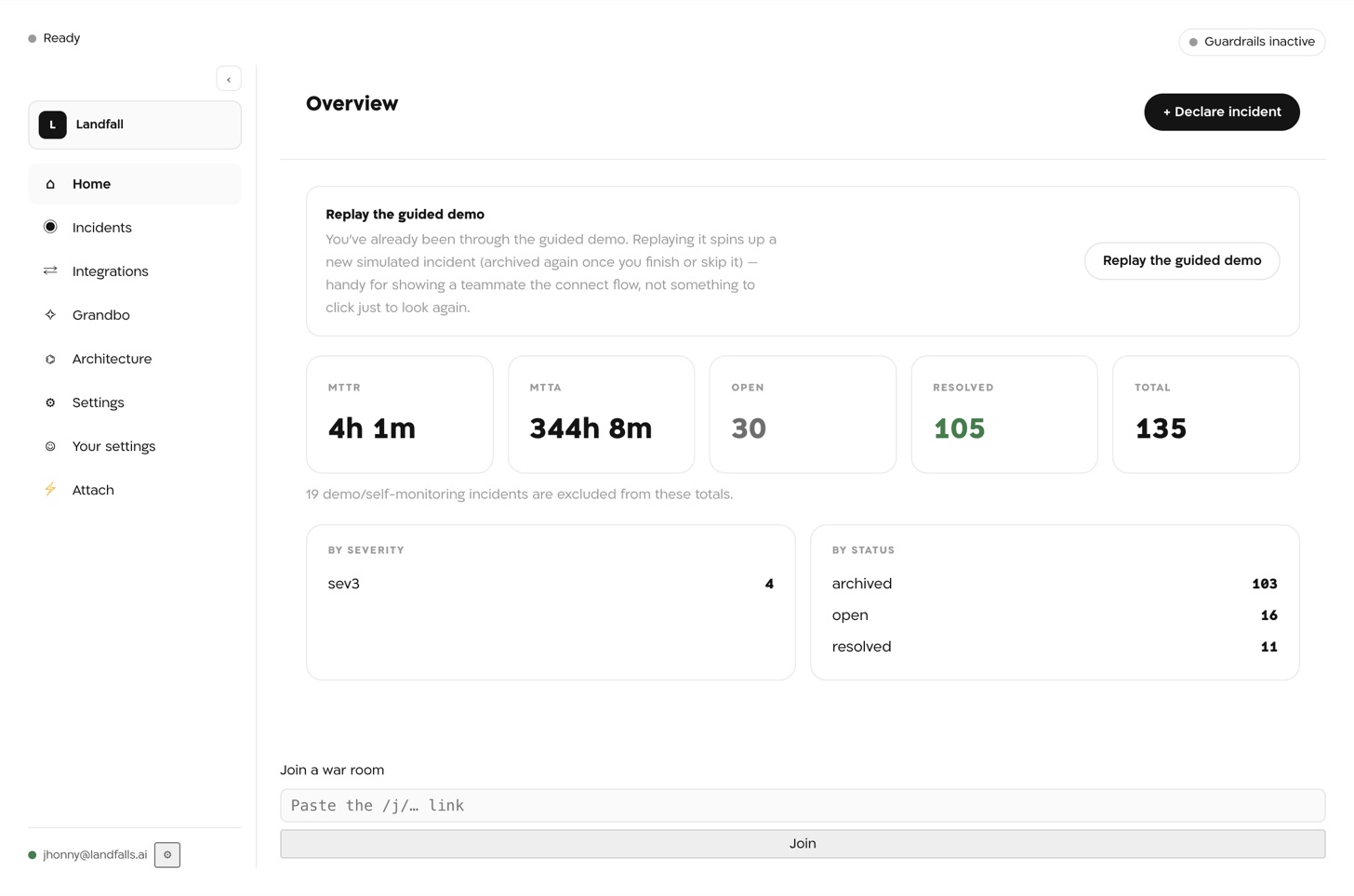 Landfall Edge's Home page: the organization's overview with MTTR, MTTA and incident counts, the side rail on the left.