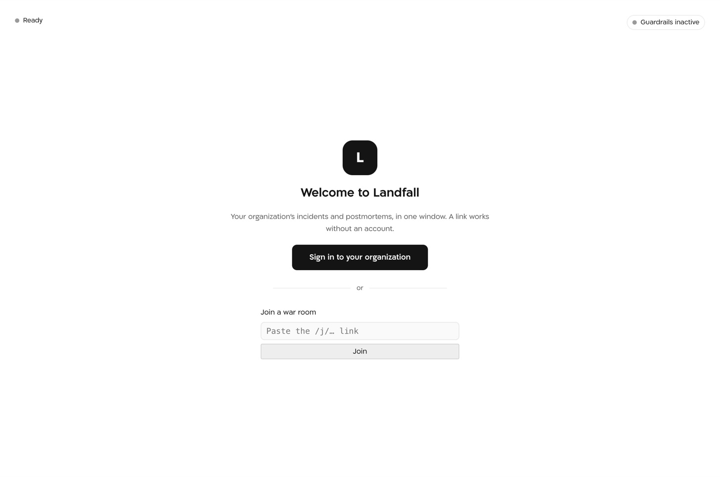 The Landfall Edge welcome screen: a Sign in to your organization button, and below it a field to paste a /j/ link.