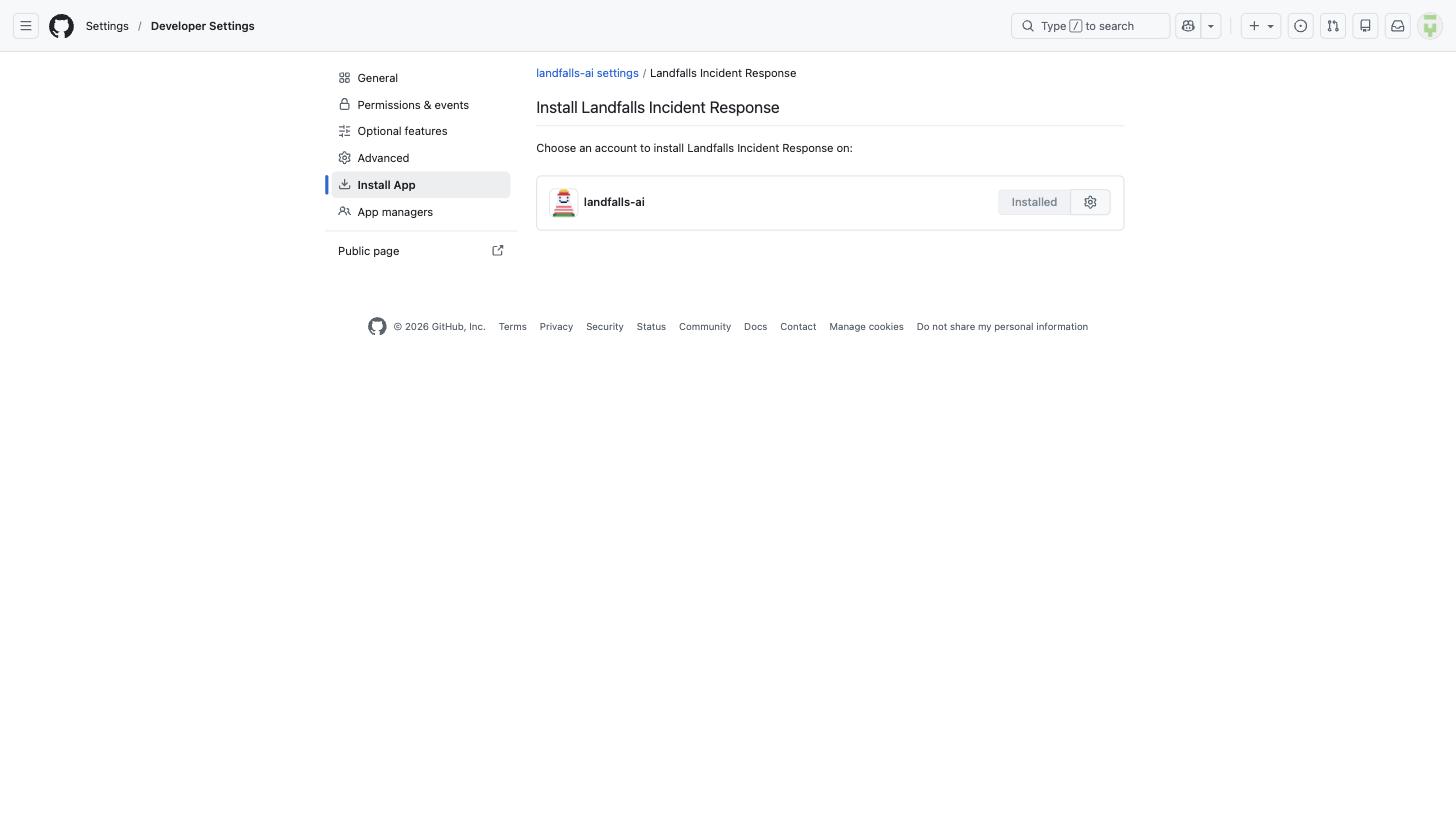 GitHub's Install Landfalls Incident Response page, showing the landfalls-ai organization with the app installed.