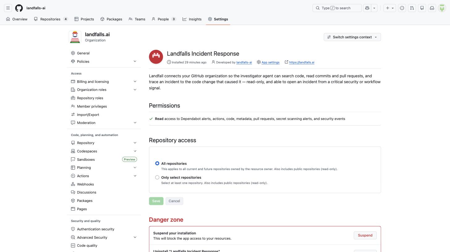 The installed GitHub App's settings page, showing 'Read access to Dependabot alerts, actions, code, metadata, pull requests, secret scanning alerts, and security events' and repository access set to All repositories.
