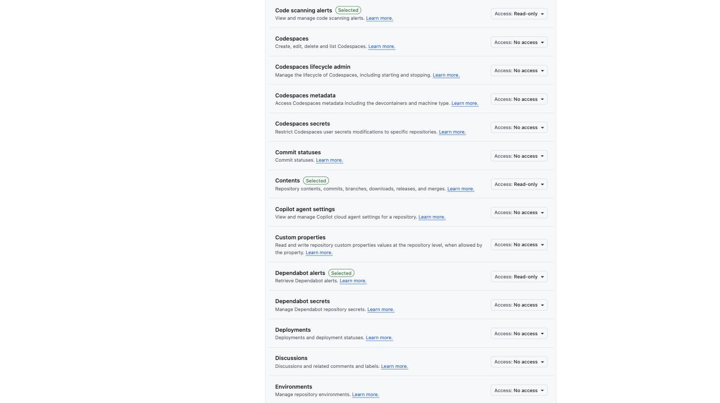 GitHub App repository permissions list showing Code scanning alerts, Contents, and Dependabot alerts each set to Read-only and marked Selected.