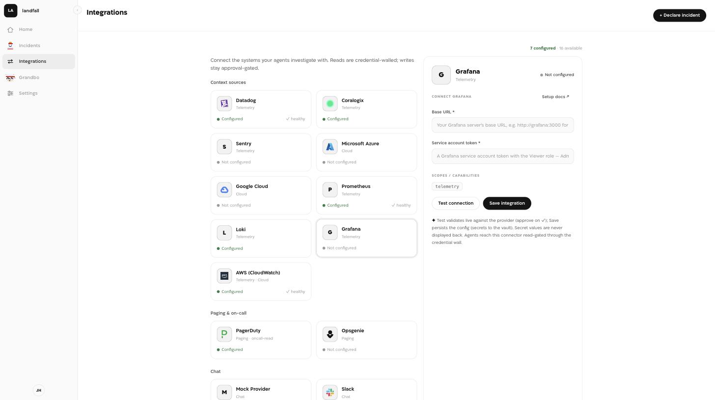 Landfall's Grafana integration panel: a Base URL field, a Service account token field, and a Test connection button.
