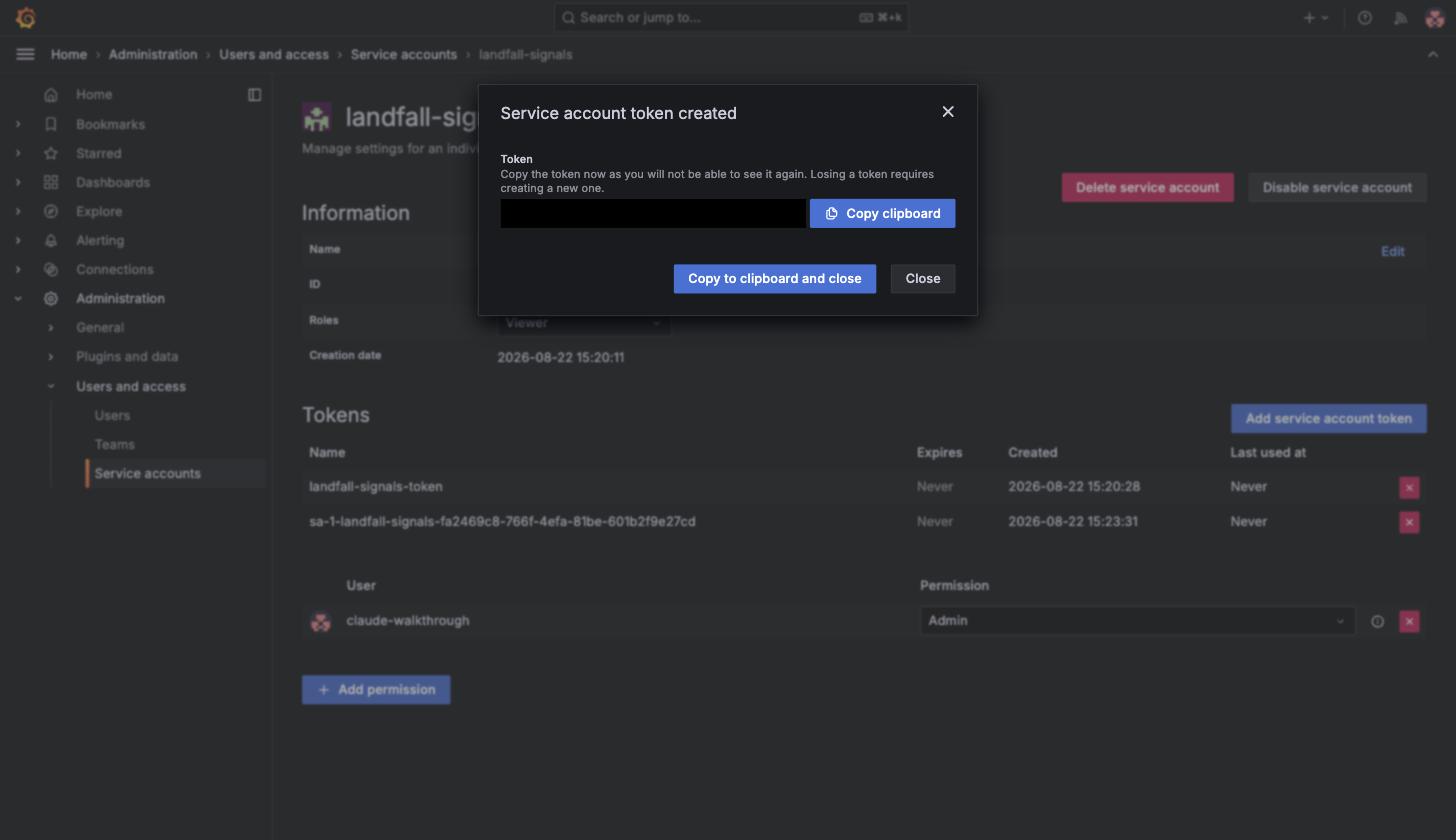 Grafana's Add service account token dialog, showing a newly created token's field with its value redacted by a solid black box, alongside a Copy clipboard button.