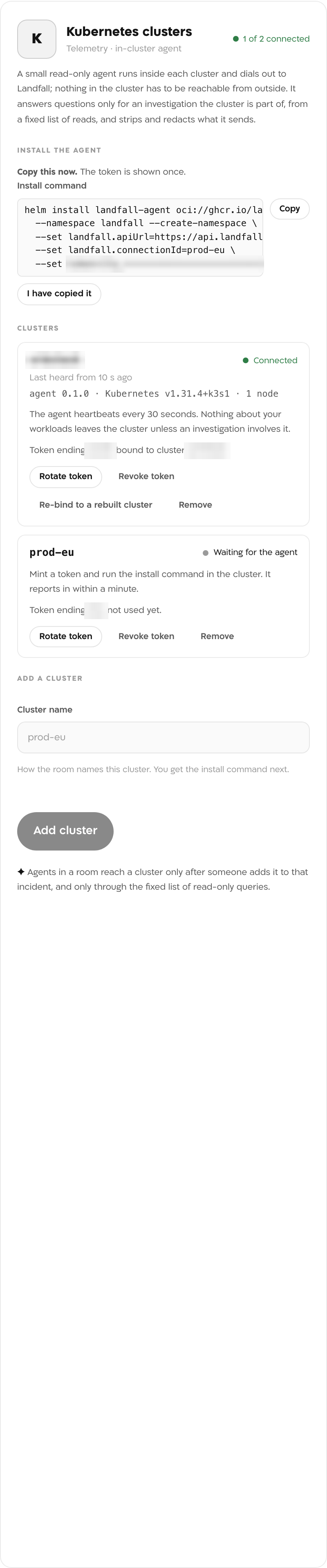 The Kubernetes clusters panel right after adding prod-eu: the Install the agent section with a helm install command, a Copy button and I have copied it, then a connected cluster and prod-eu reading Waiting for the agent.