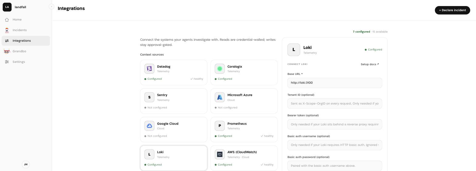 Landfall's Integrations list showing the Loki tile with a green Configured status alongside Prometheus, Datadog, and Coralogix.