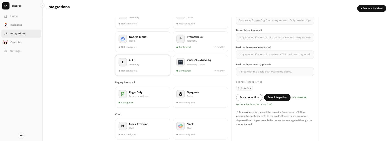 Landfall's Loki integration panel showing a green connected status and the message Loki reachable at http://loki:3100.