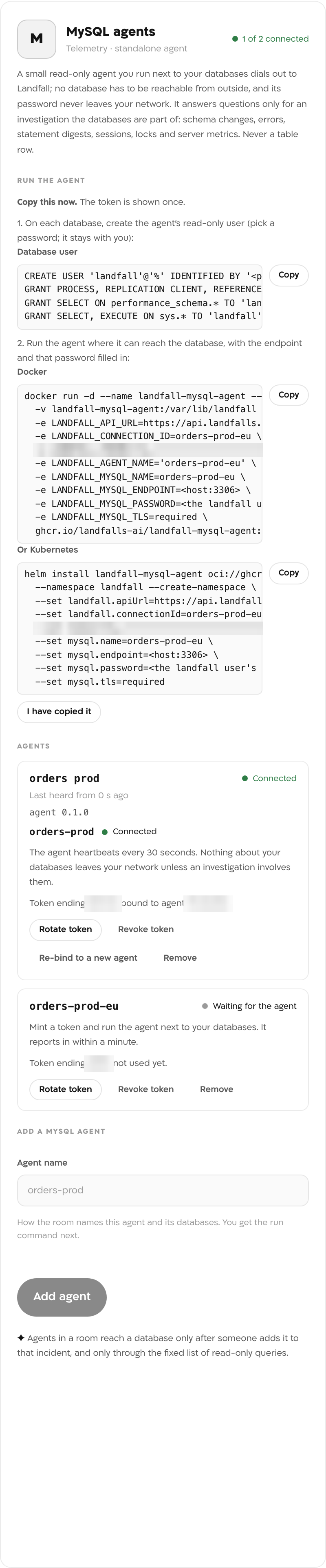 The MySQL agents panel right after adding orders-prod-eu: Run the agent with the database user SQL, a Docker command and an Or Kubernetes helm command, each with a Copy button, then the agent orders prod Connected and orders-prod-eu Waiting for the agent.