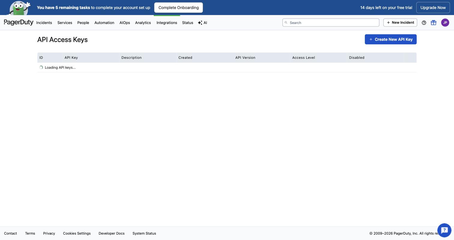 PagerDuty's API Access Keys list, showing each key's id, masked value, description, API version and access level.