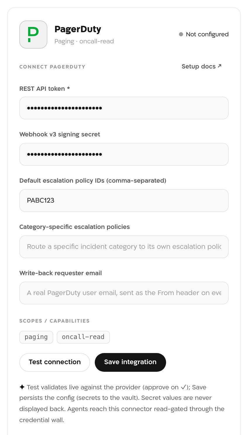 Landfall's PagerDuty panel, Not configured, with the REST API token and the Webhook v3 signing secret both masked, PABC123 in Default escalation policy IDs, and Test connection and Save integration buttons.