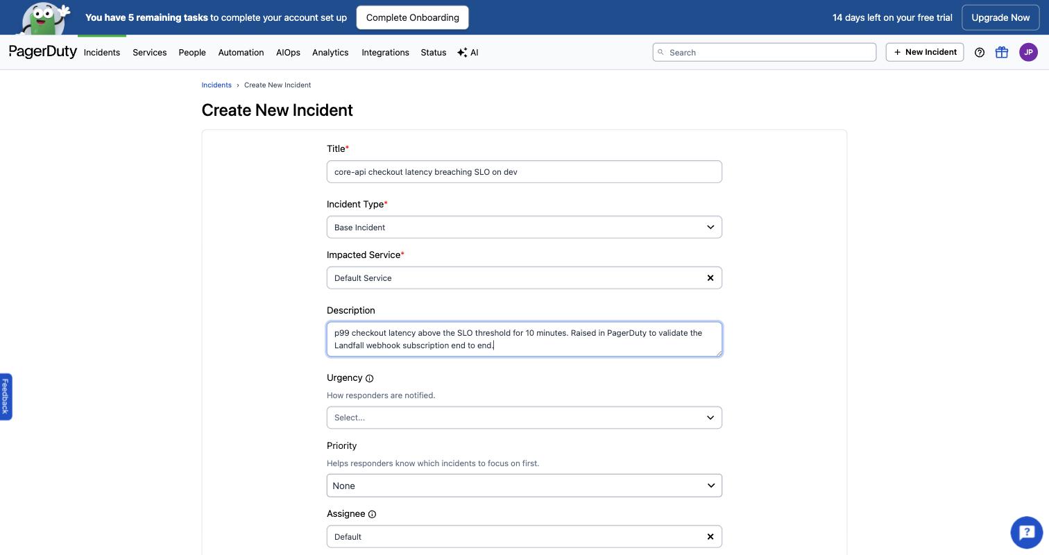 PagerDuty's Create New Incident form with a title, impacted service and description filled in.