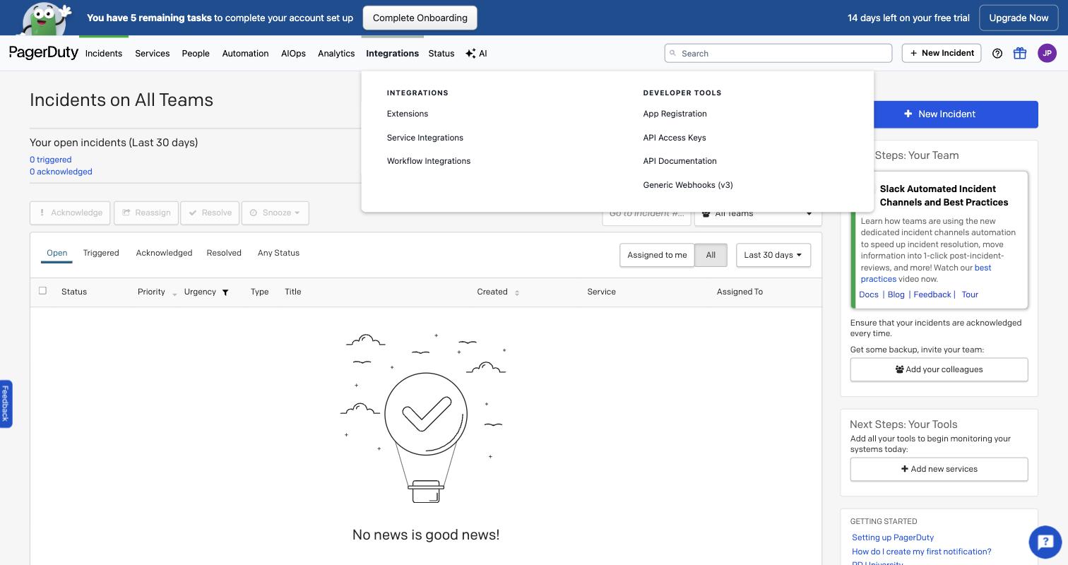PagerDuty's Integrations menu open, showing a Developer Tools column containing App Registration, API Access Keys, API Documentation and Generic Webhooks (v3).