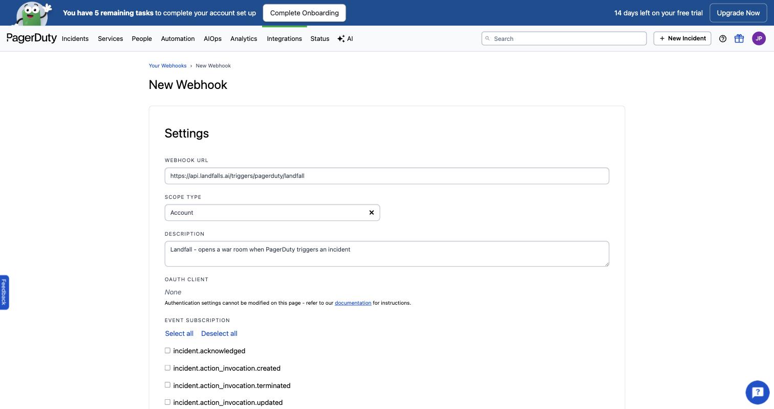 PagerDuty's New Webhook form with the Landfall trigger URL, Account scope type and a description filled in.