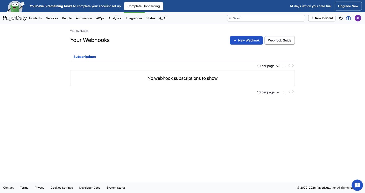 PagerDuty's Your Webhooks page with no subscriptions yet and a New Webhook button.