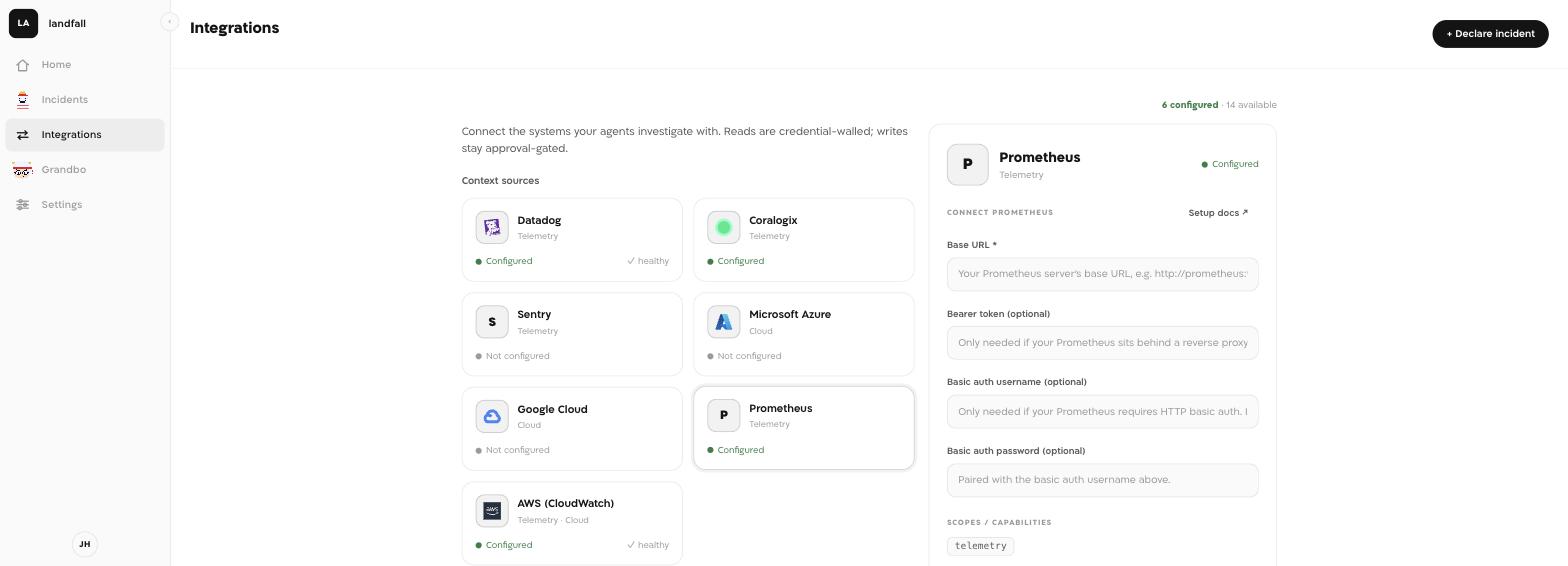 Landfall's Prometheus integration panel: a Base URL field, optional Bearer token field, optional basic-auth username/password fields, and a Test connection button.