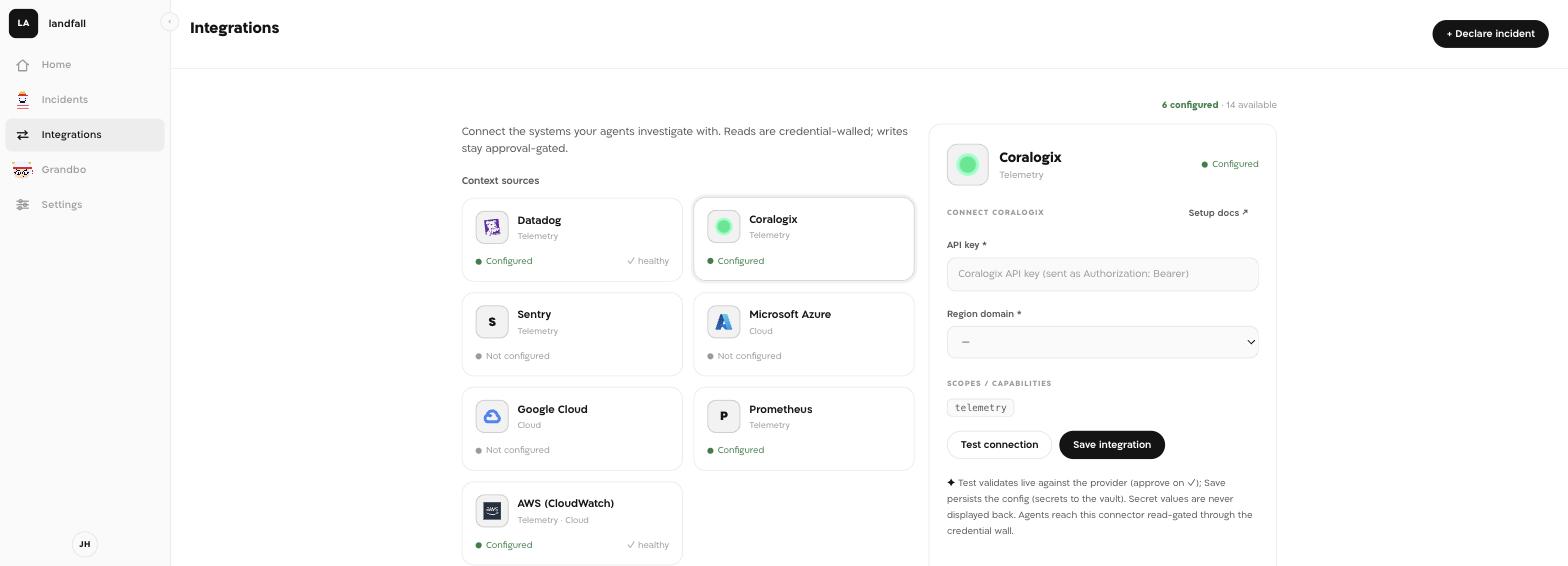 Landfall's Integrations list showing the Prometheus tile with a green Configured status alongside Datadog, Coralogix, and AWS.