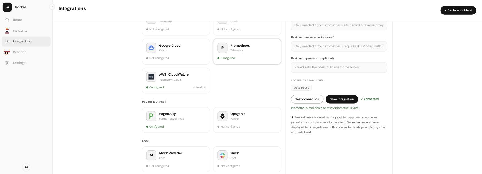 Landfall's Prometheus integration panel showing a green connected status and the message Prometheus reachable at http://prometheus:9090.