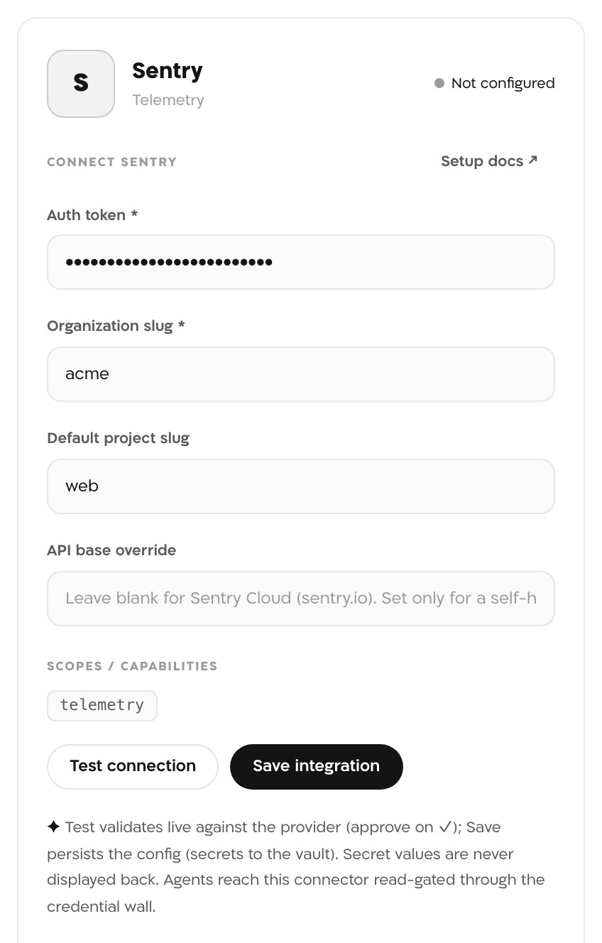Landfall's Sentry panel, Not configured, with the auth token masked, organization slug acme, default project slug web and an empty API base override.