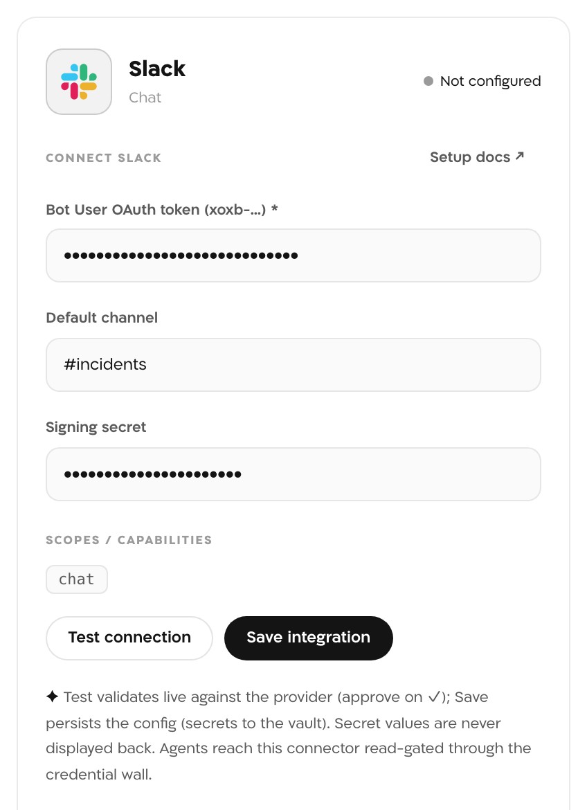 The Slack panel in Landfall, Not configured, with the Bot User OAuth token masked, Default channel set to #incidents, the Signing secret masked, the chat scope, and the Test connection and Save integration buttons.