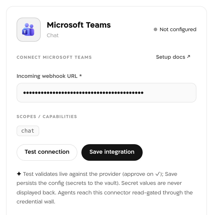 The Microsoft Teams panel in Landfall, Not configured, with the Incoming webhook URL masked, the chat scope, and the Test connection and Save integration buttons.
