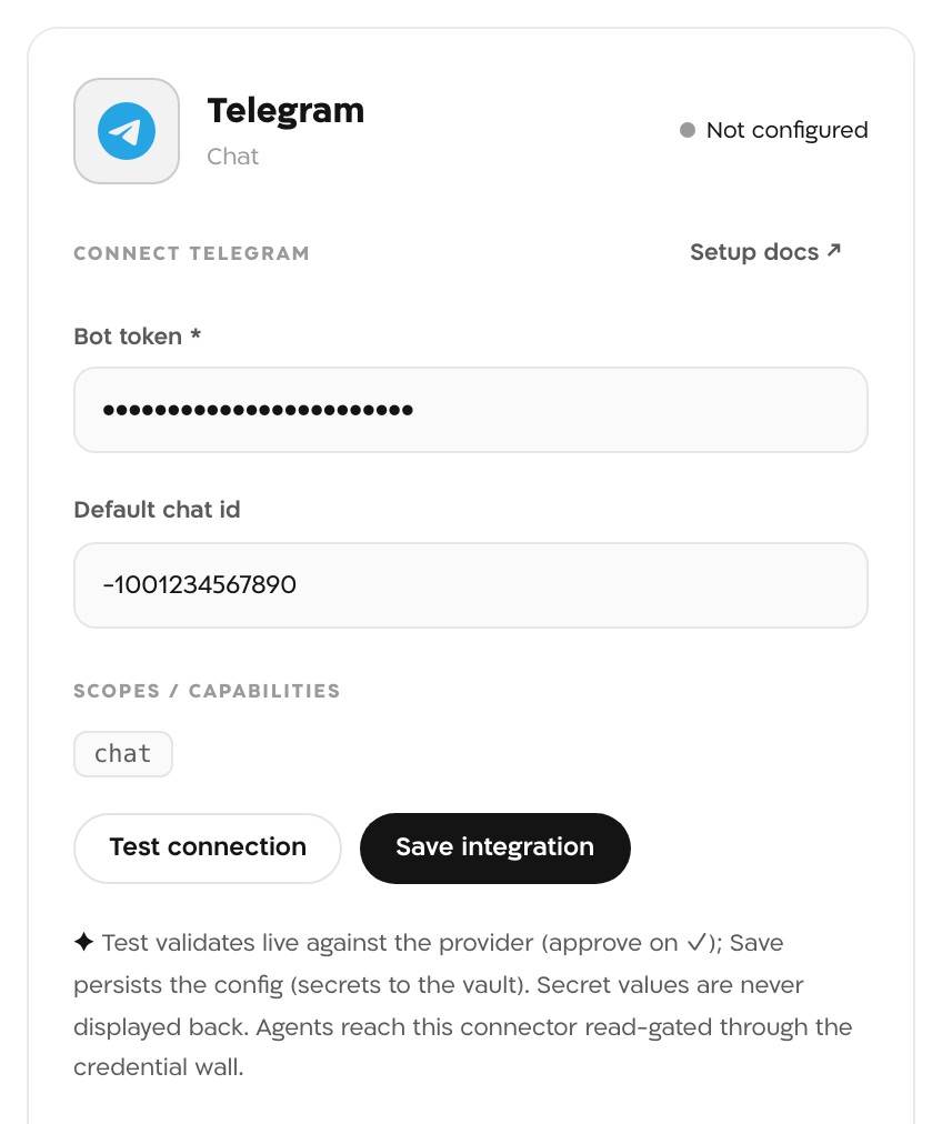 The Telegram panel in Landfall, Not configured, with the Bot token masked, Default chat id set to -1001234567890, the chat scope, and the Test connection and Save integration buttons.